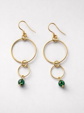 Hand Crafted Gold Hoop Drop Earrings with Green Bead